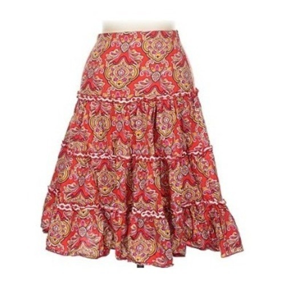 Morgan de Toi Red Paisley Tiered Midi Skirt‎ Rickrack Trim Cottagecore Cotton S
